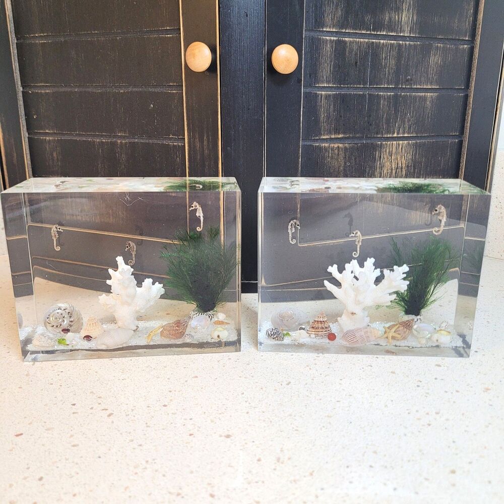 Vintage 1960's Lucite Seashells Ocean Aquarium Bookend Paperweight Pair